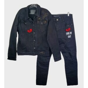 Kloud 9 Denim Jean Jacket Set Medium Jeans 32 x 32 Heartbreaker Bear Fool Love